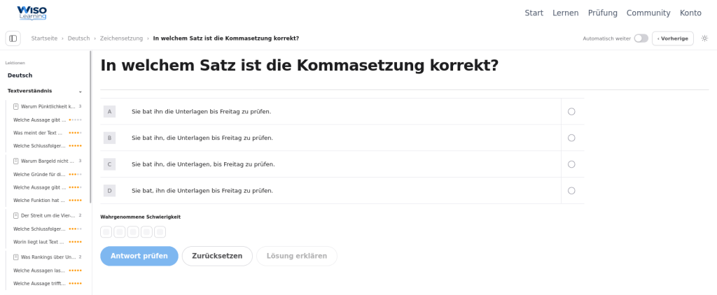 Aufgabe mit vier Antwortmöglichkeiten im Lernbereich, am Rechner