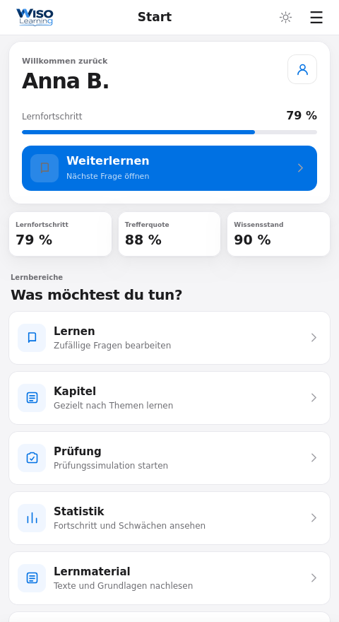 Lernkonto auf dem Telefon mit Lernfortschritt und nächster Aufgabe