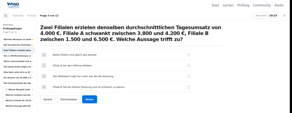 Prüfungssimulation mit Restzeit und Fragenliste